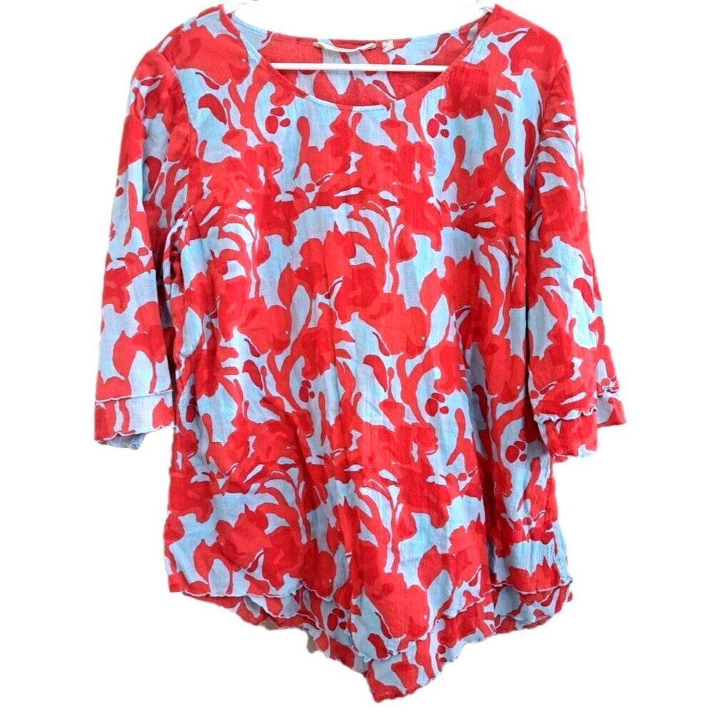 Soft Surroundiungs Women's/ XL Red Floral Print 3/4 Sleeve Gauzy Top Layered